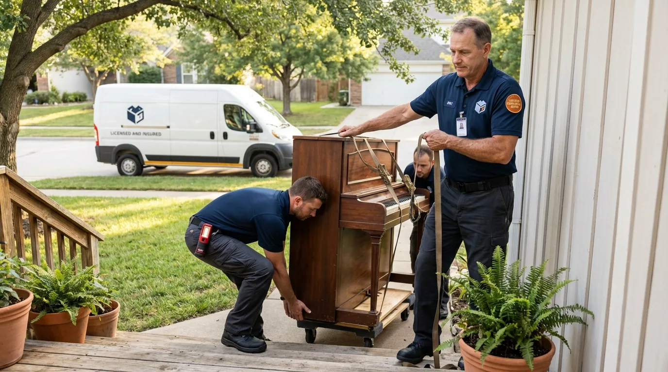 Licensed piano movers securing grand piano in Madison, WI
