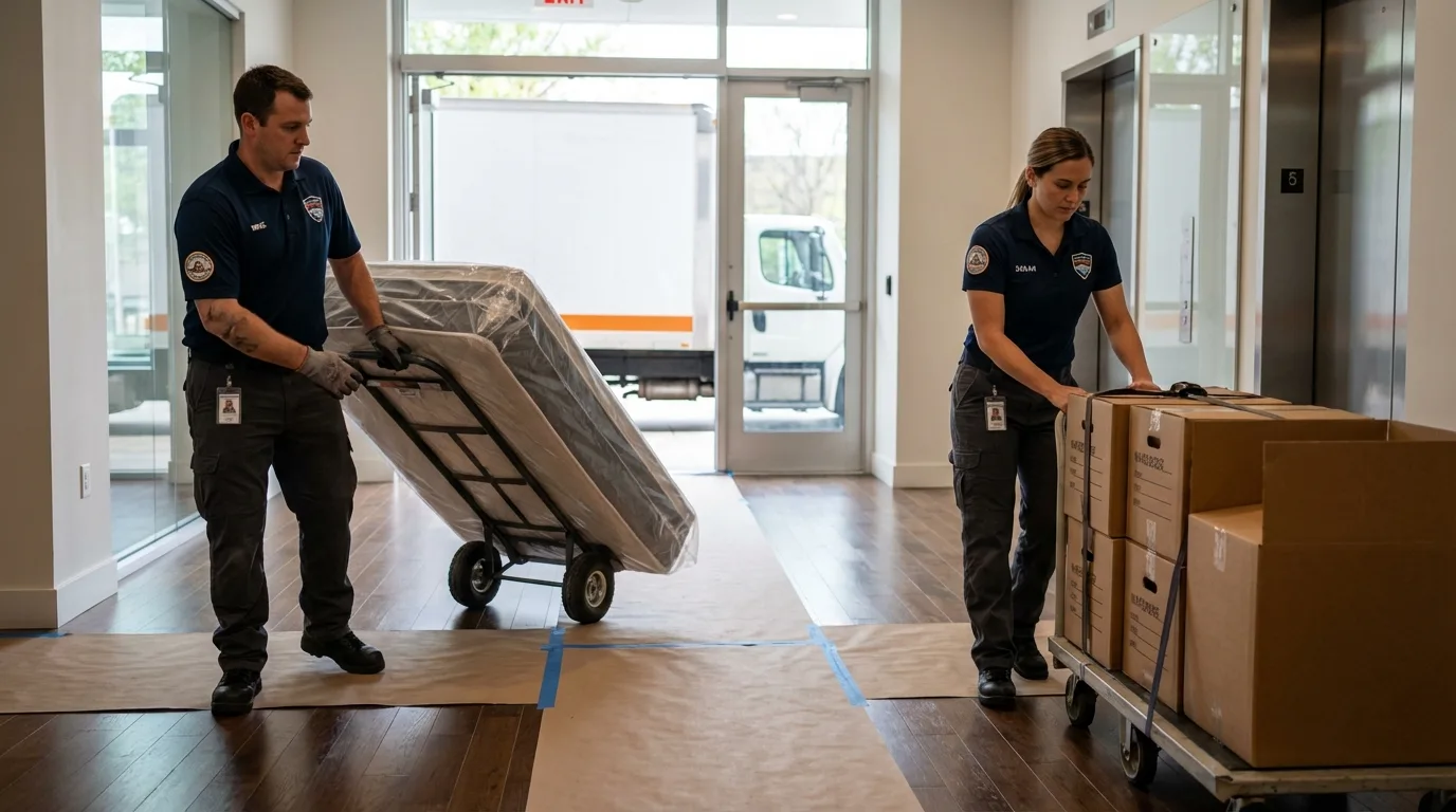 Professional apartment movers loading elevator in Madison, WI